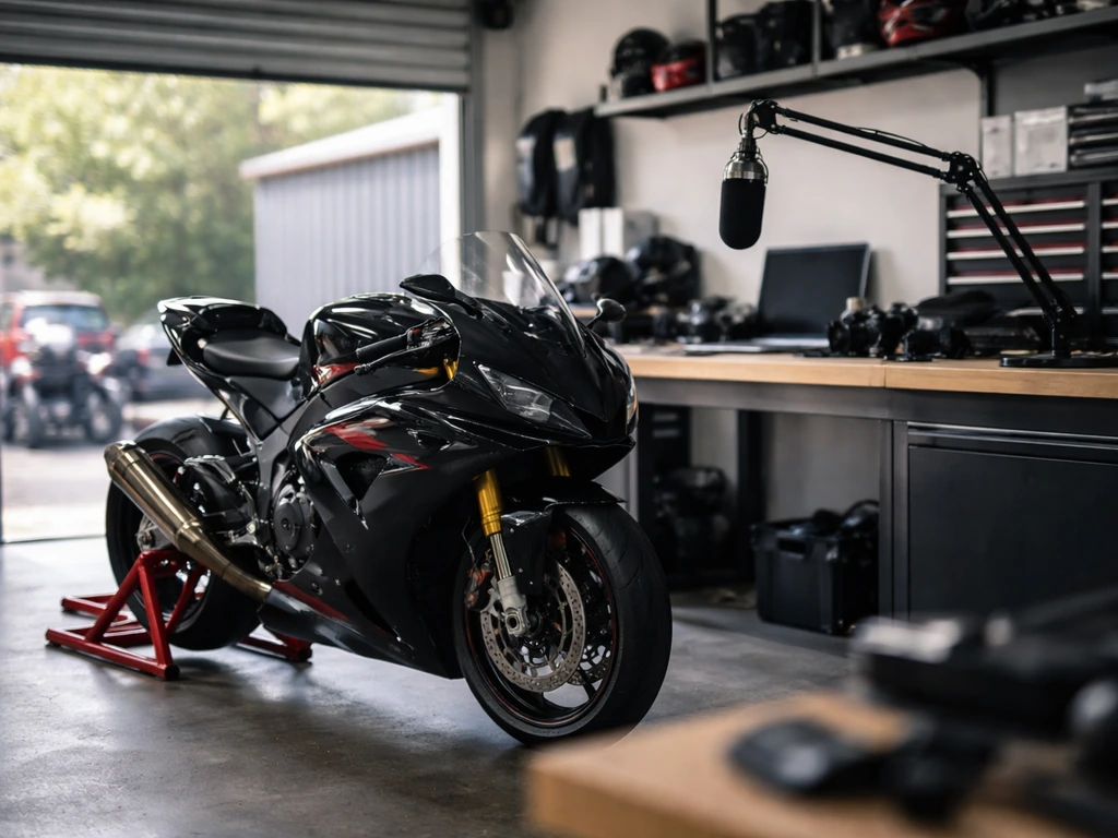 Minimal garage scene with a performance motorcycle and a studio microphone, hinting motorsport and media work.