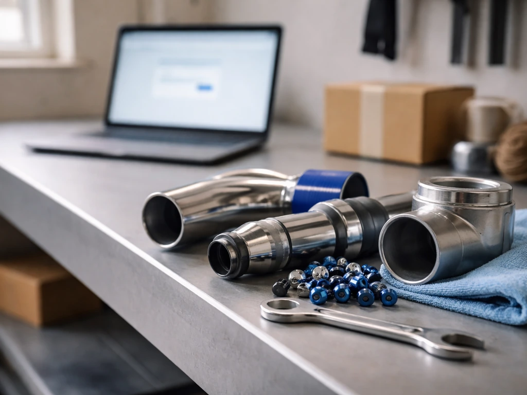 Close-up of performance car parts and tools beside a laptop, evoking online auto parts sales