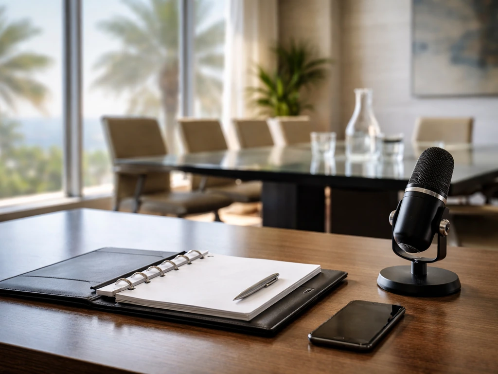 Modern business office in Florida with finance and media cues, symbolic of executive analysis and net worth topics.