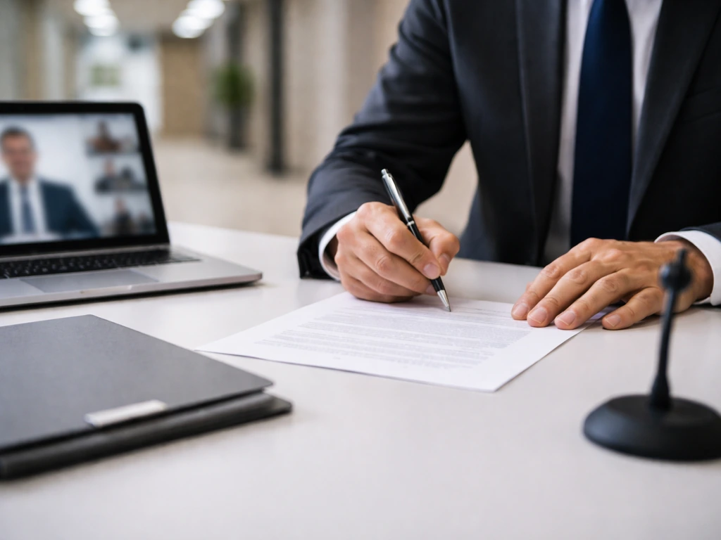 Anonymous hands signing business documents at an office desk, symbolizing verifying the correct executive.