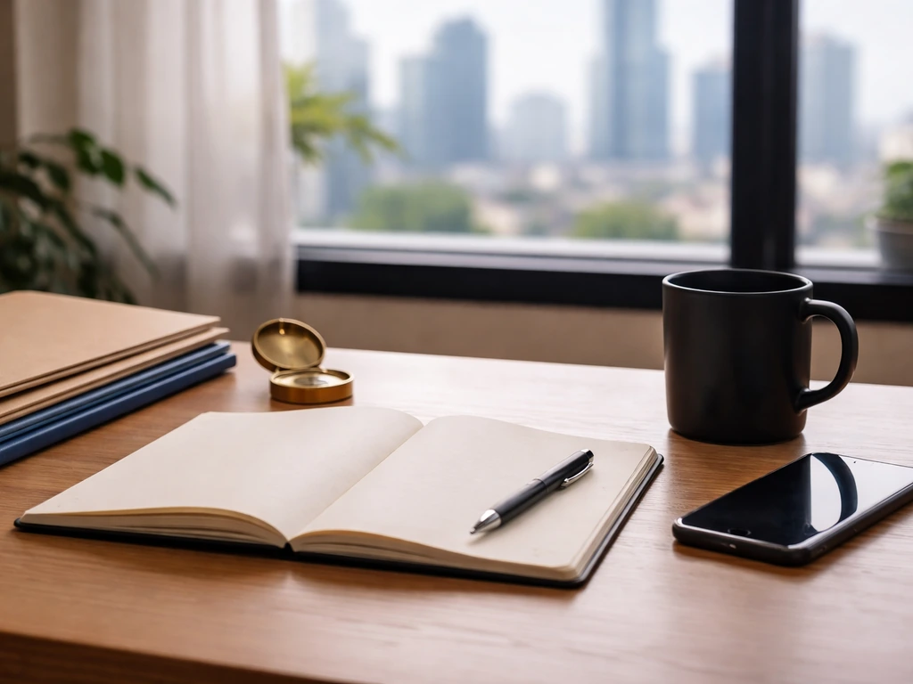 Minimal desk scene with notebook, pen, compass, and blurred office skyline suggesting career growth