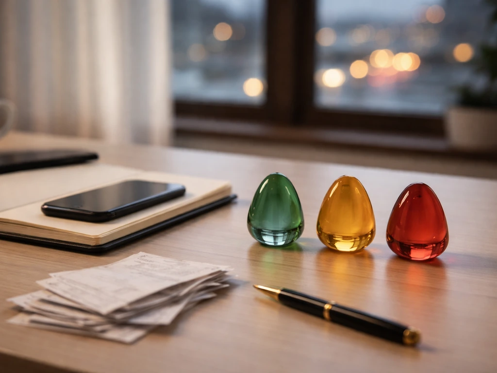 Minimal home-office desk with three colored paperweights, receipts, and a smartphone suggesting conflicting net-worth es