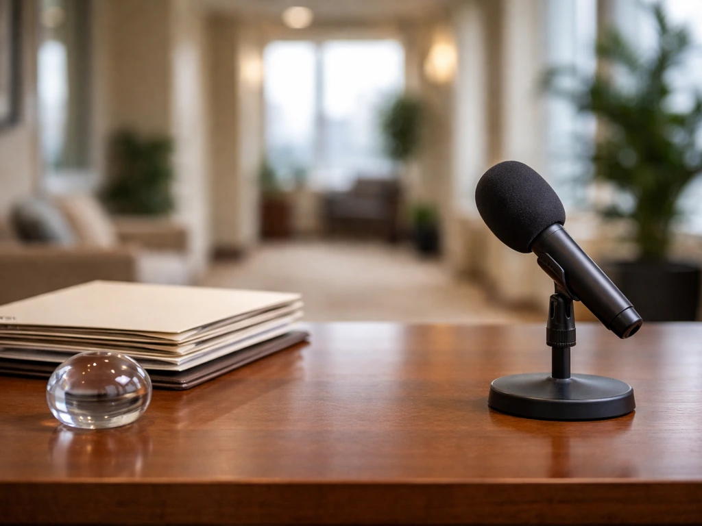 Quiet office desk with microphone and folders, warm light, blurred city skyline, no people visible.