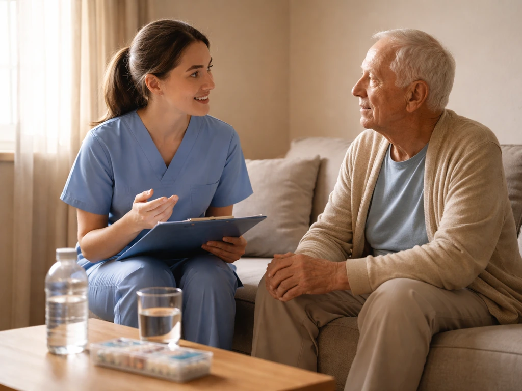 Home healthcare worker supporting an elderly patient in a living room with warm natural light.
