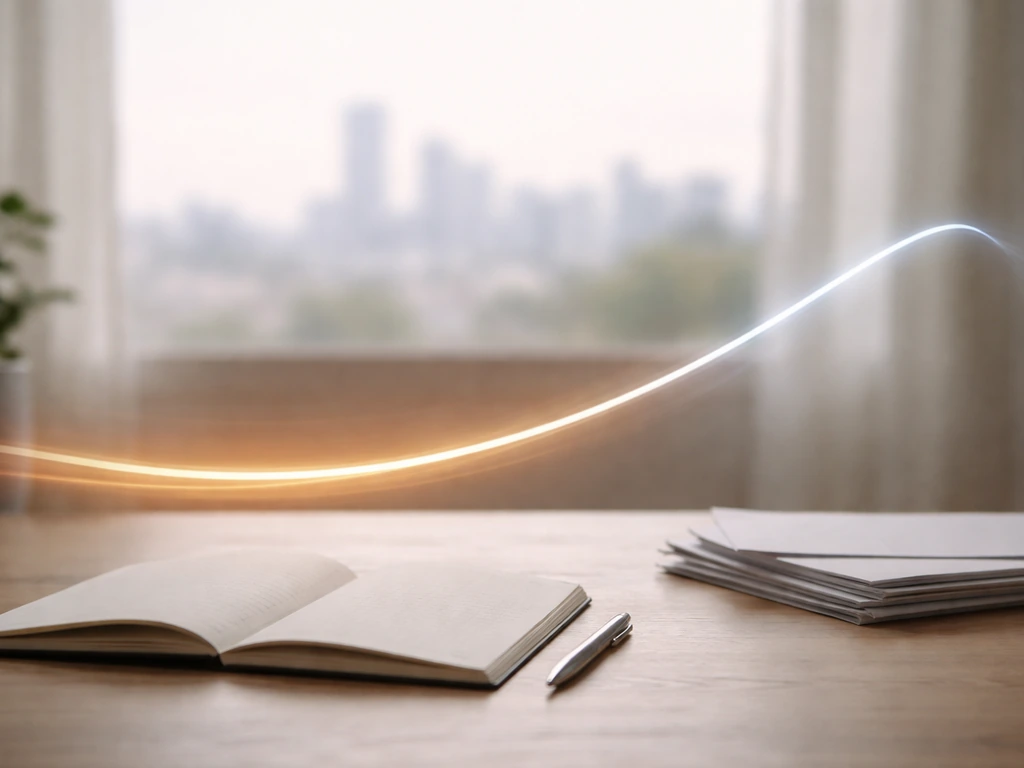 Minimal office desk with a timeline-like light trail suggesting changing wealth over key years