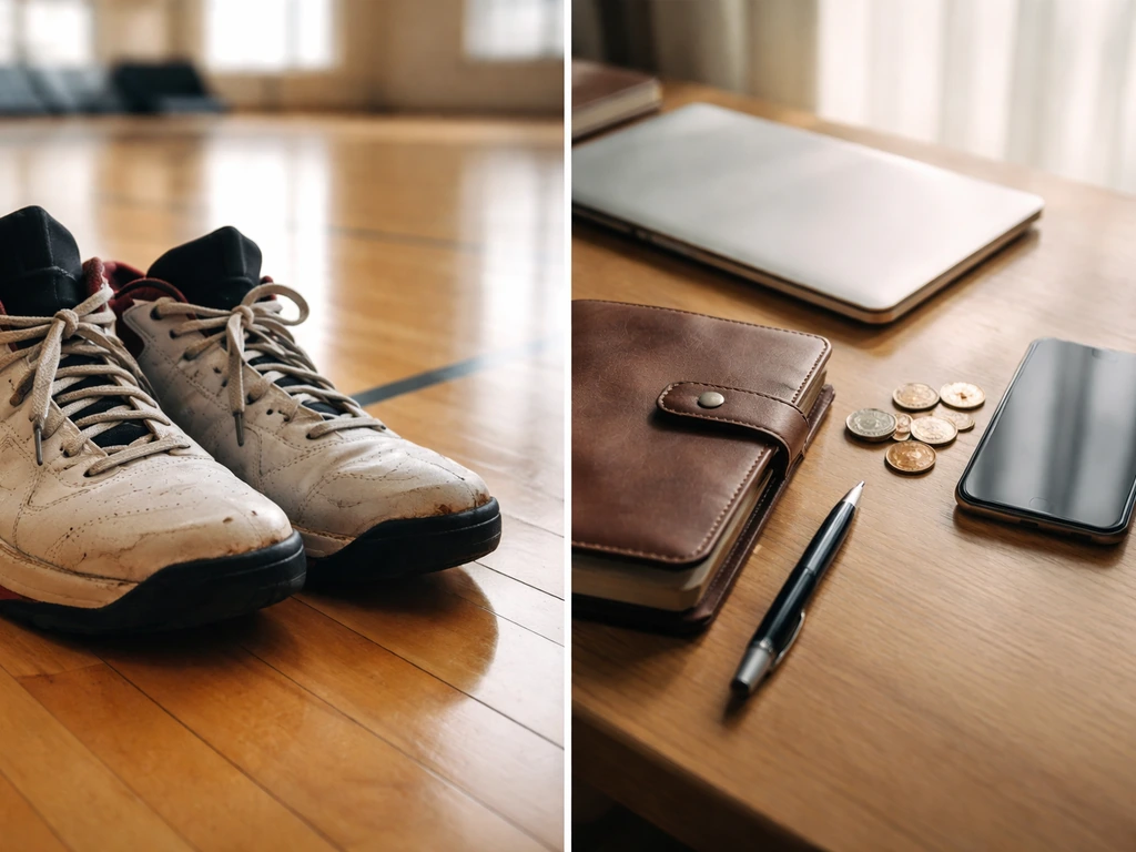 Minimal split-scene: basketball shoes on court and an anonymous desk with coins and phone, symbolizing two identities.