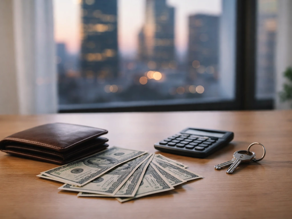 A minimal desk scene with a wallet, banknotes, and calculator suggesting money and net worth range.