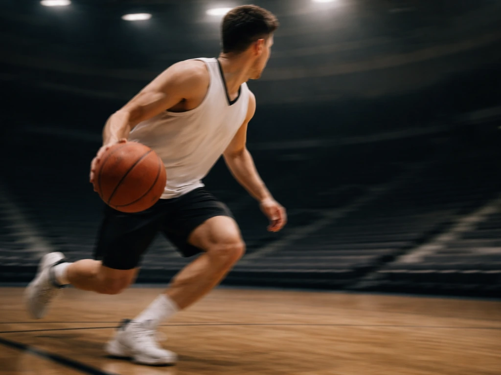Anonymous basketball player driving toward the basket in a quiet indoor arena, capturing peak earning era energy.