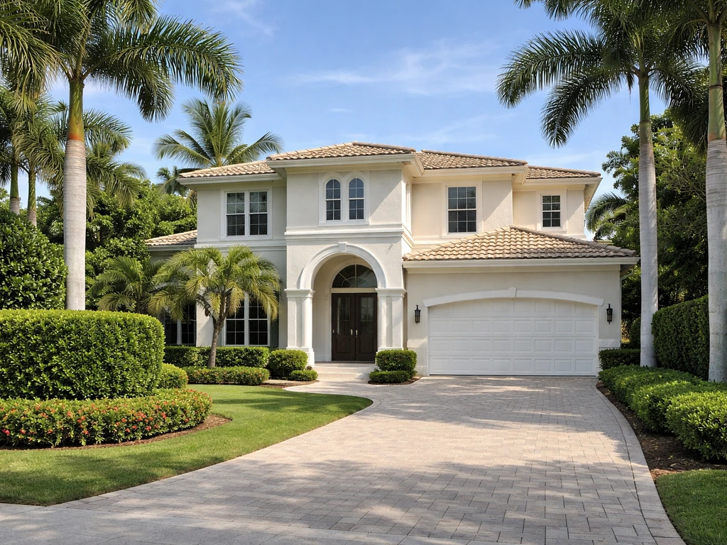 Sunlit exterior of an upscale Palm Beach Gardens-style house with lush greenery and a driveway