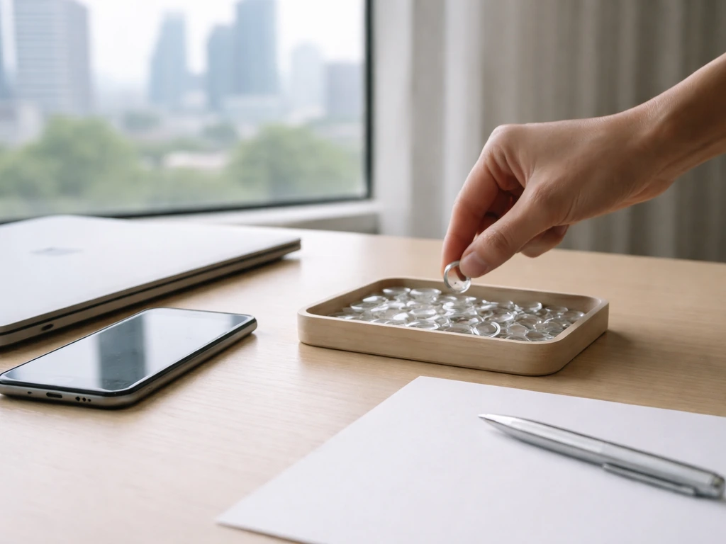 Anonymous hand arranging share-like tokens on a desk beside laptop and paper, symbolizing net worth drivers.