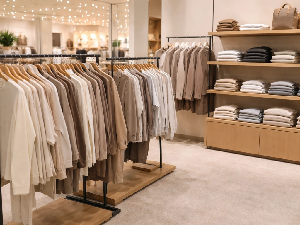 Minimal retail merchandising space with neatly arranged clothing on modern shelving and soft daylight.