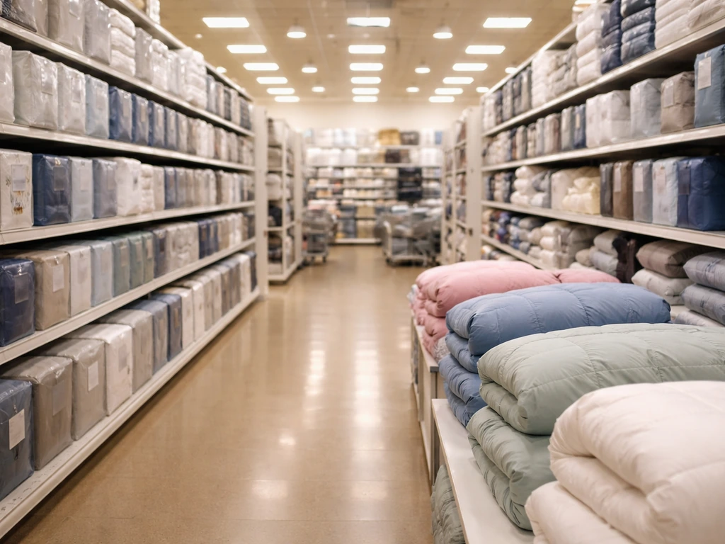 Bed Bath & Beyond-style store aisle with neatly arranged bedding and home goods in warm retail lighting.