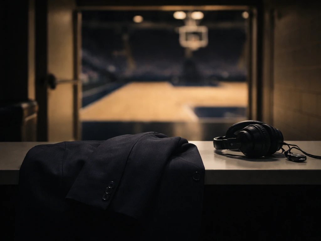Basketball arena doorway with a suit jacket and headset on a desk, suggesting NBA-to-coaching career path.