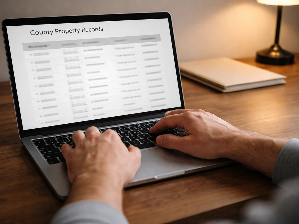 Person at a desk reviewing a county property records search page on a laptop for real estate data.