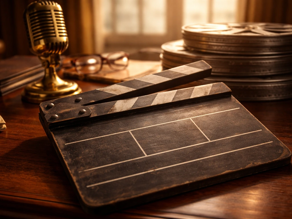 Vintage film clapperboard, microphone, and film reels on a desk in a studio-like setting.
