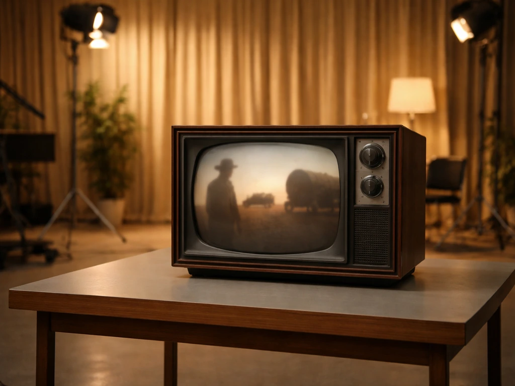 Vintage TV studio set with a period-accurate television showing a classic Western scene, symbolizing a breakthrough role
