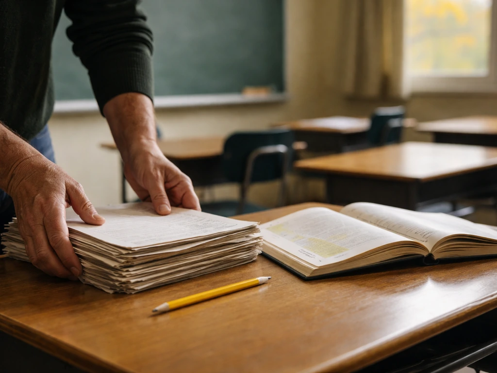 Teacher in a quiet Massachusetts classroom setting with school materials on a desk