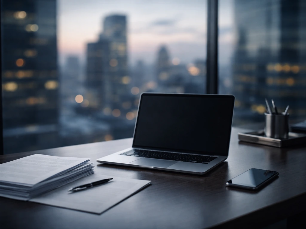 Minimal photo of an anonymous executive-style office desk with financial documents and a laptop, symbolizing net worth a