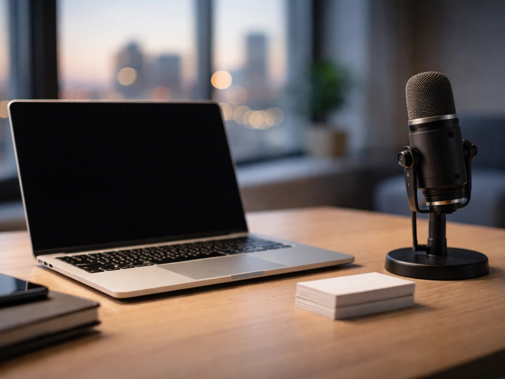 Minimal tech office desk with open laptop, microphone, and blurred city skyline, symbolizing life-sciences tech leadersh