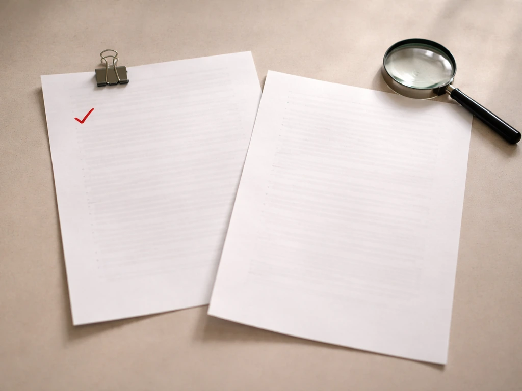 Close-up of two printed documents on a desk—one marked with a check, the other left blank—no readable text.