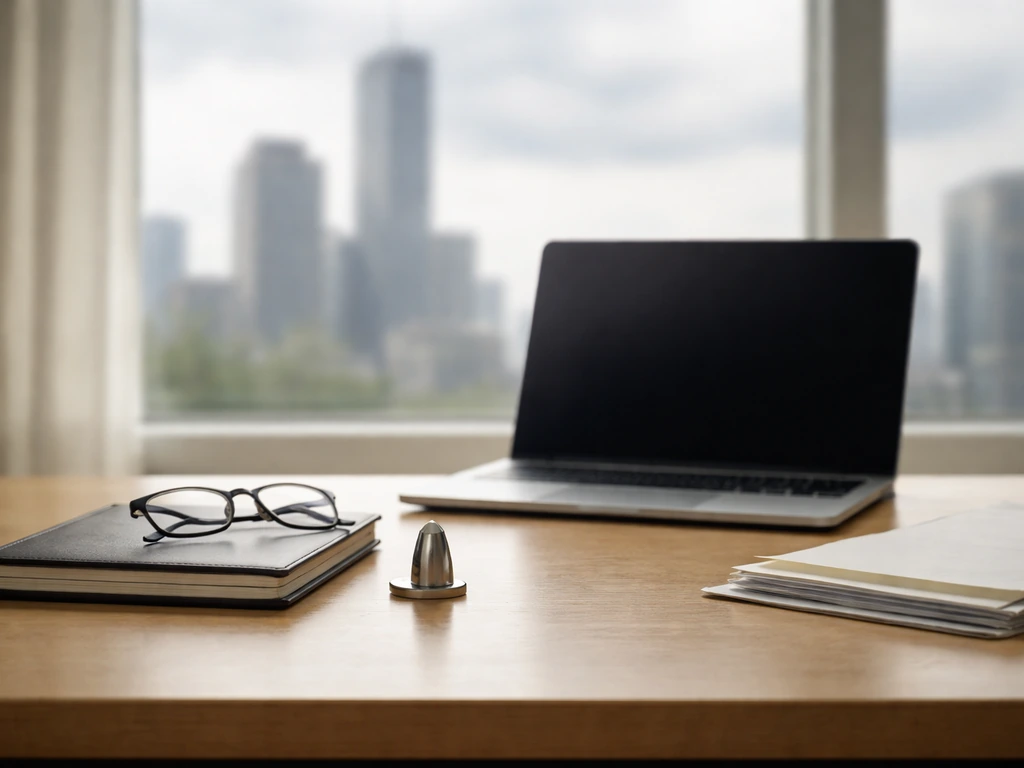 Minimal office desk with blank laptop and papers, skyline visible through a window, symbolizing equity growth.