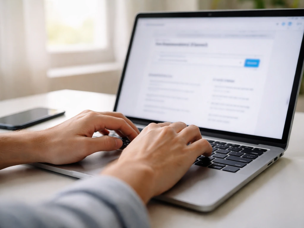 Close-up of hands using a laptop to search a finance database, with a simple browser-style page visible