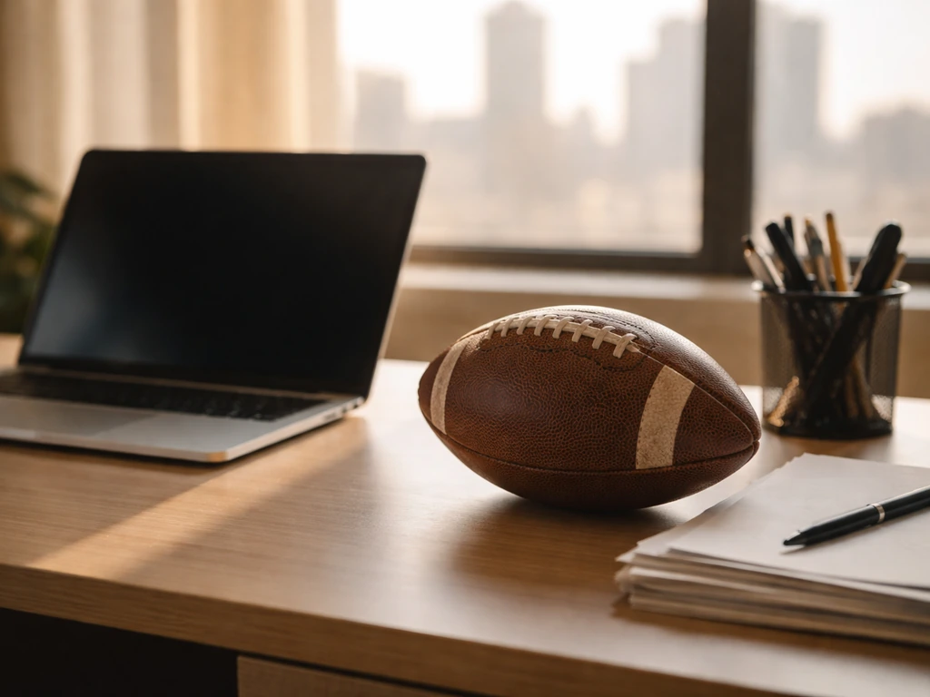 Minimal office scene suggesting NFL money story: laptop, football-shaped decor, and warm city light