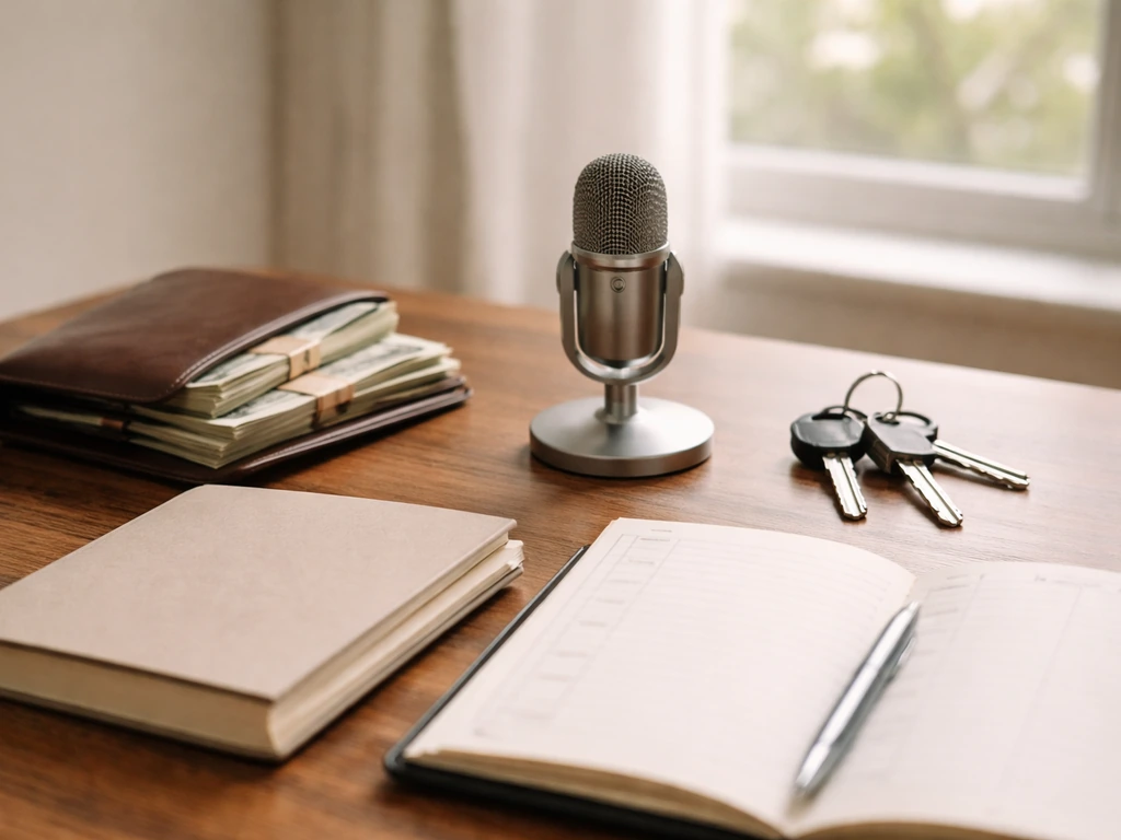Minimal desk scene with cash, keys, notebook, and a microphone suggesting multiple income sources.