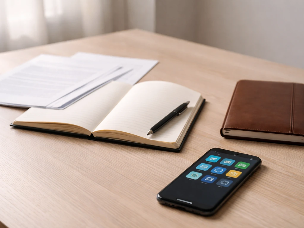 An anonymous office desk with scattered documents and a smartphone showing financial app icons, no readable text.