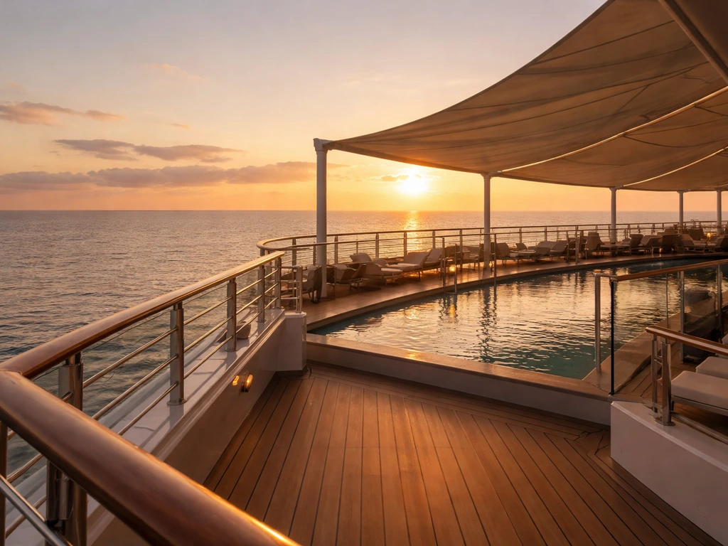 Luxury cruise ship deck at golden hour with a subtle sense of wealth and business prestige.