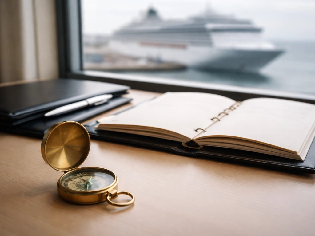 Minimal photo of a cruise ship itinerary board and polished brass compass on a desk, symbolizing career progression