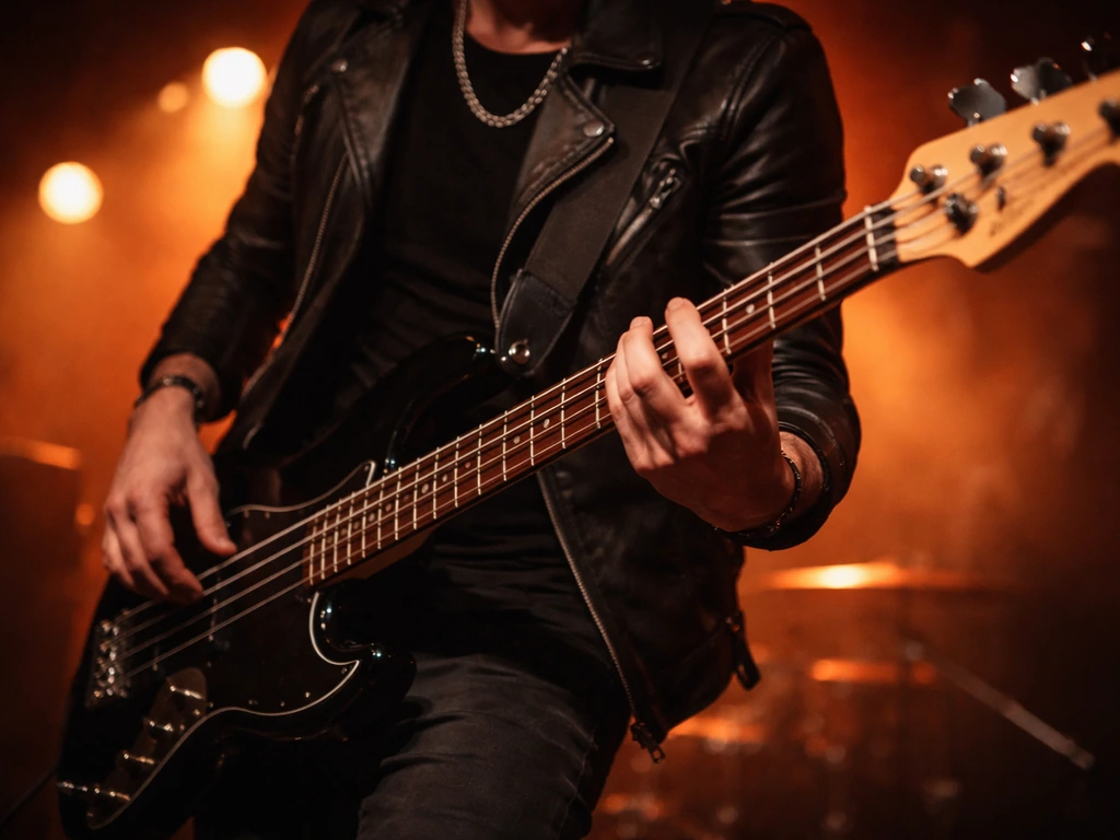 Close-up of a rock musician’s hands playing an electric bass on a dim stage with warm lights