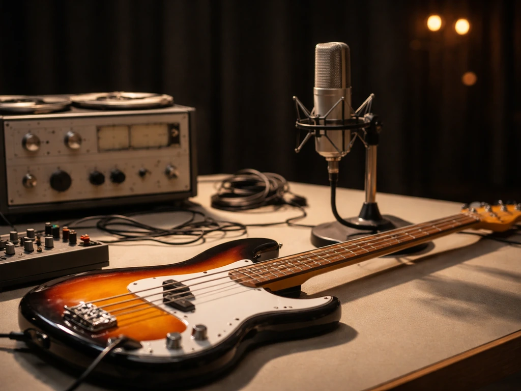 An electric bass on a studio desk beside vintage recording gear, symbolizing a rock-to-production wealth timeline.