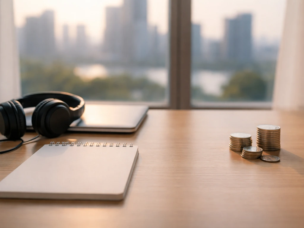 Minimal office scene with media and finance cues, symbolizing multiple income streams side by side.