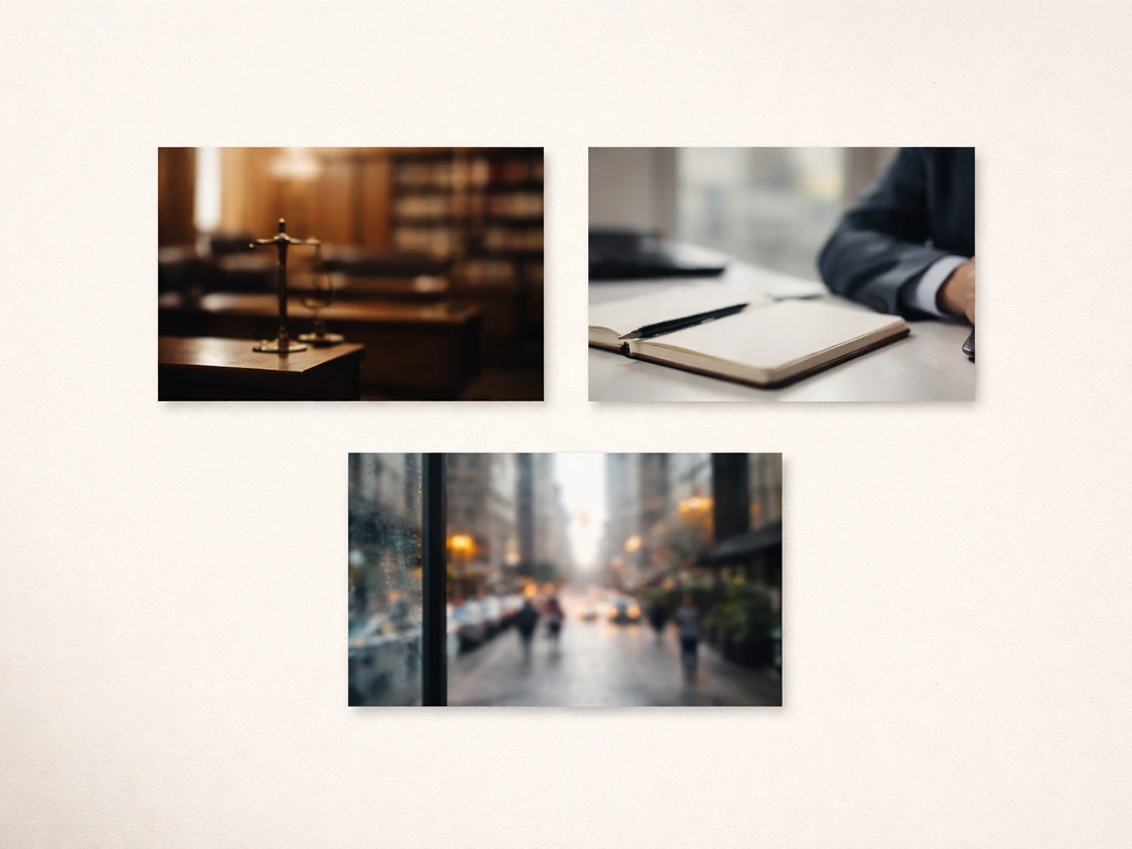 Minimal photo collage of three blurred business and courtroom scenes implying different “Mark Britton” references.