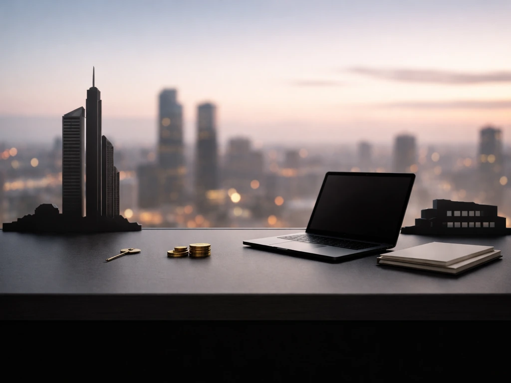Minimal city office scene showing a left-to-right timeline with tech buildings, laptop, and wealth symbols.