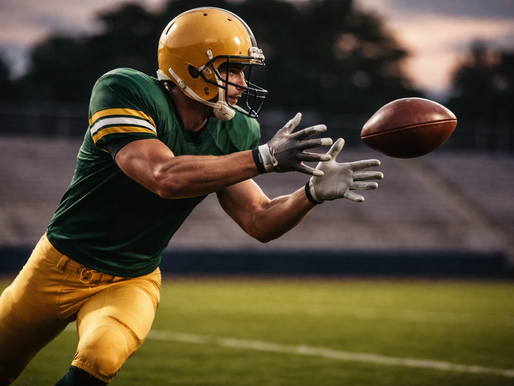 Tight end-style player in vintage Packers colors running a catch route on a green field at dusk.