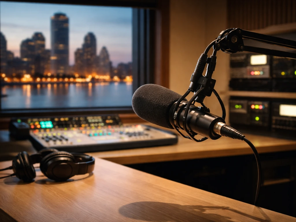 A modern sports radio studio with a desk microphone and warm lighting, conveying NFL media broadcasting.