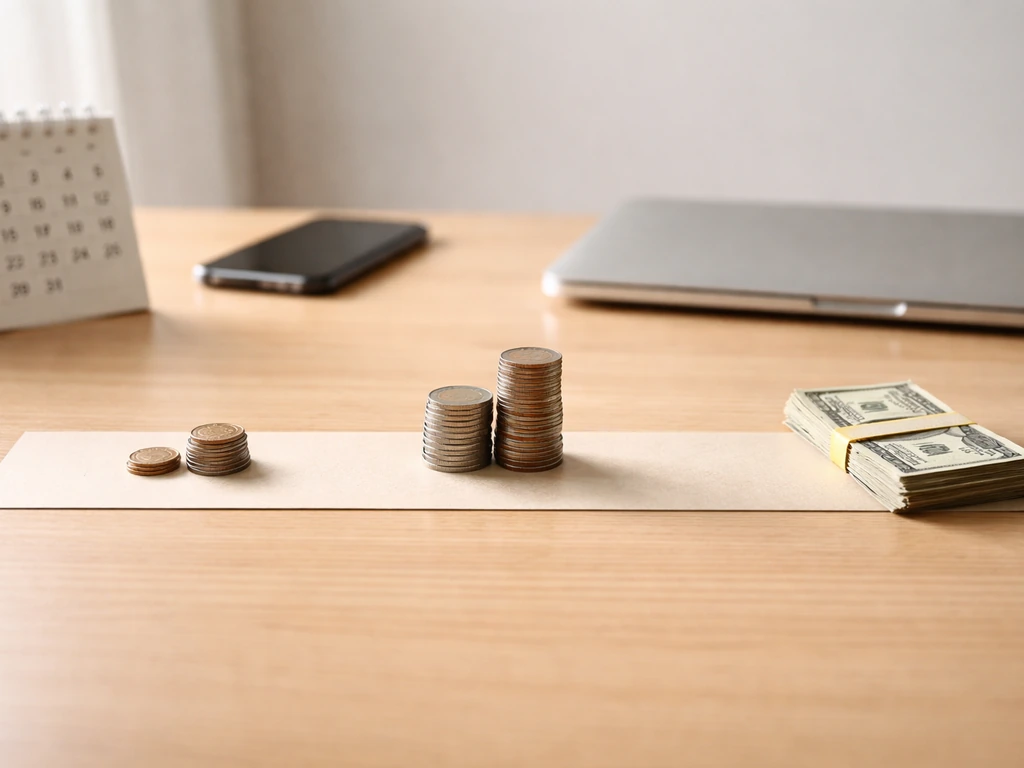 Minimal desk scene with calendar page and coins arranged in a simple horizontal progression, no text.