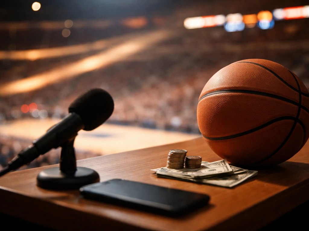 Basketball-themed finance scene with a net-worth analysis vibe—indoor court lights and a currency iconography on the des