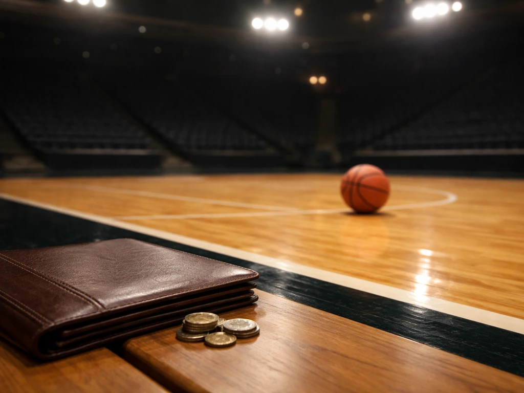 Basketball on an indoor court beside a leather portfolio and coins, symbolizing sports fame and net-worth interest.