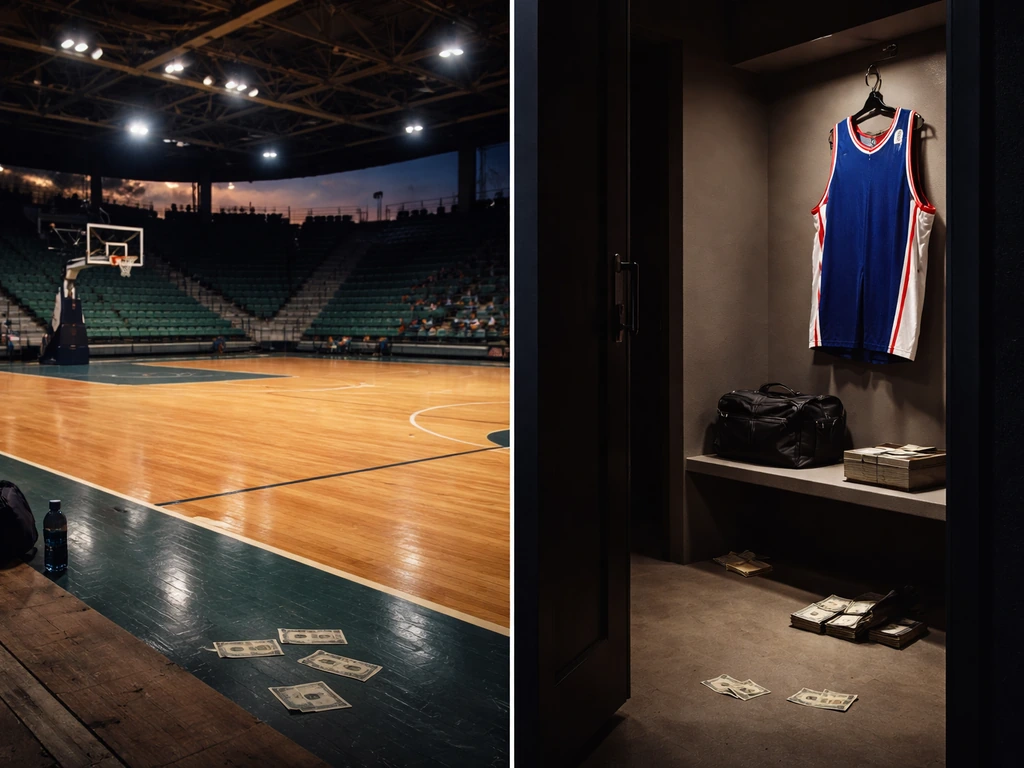 Split photo showing an empty NBL-style arena and a jersey-colored NBA locker-room scene with subtle money props.