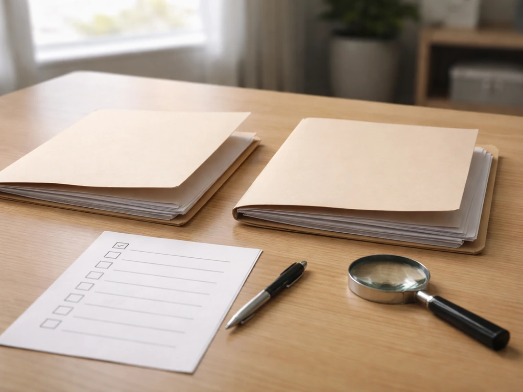 Minimal desk scene with two anonymous folders and scattered documents to suggest checking net worth source credibility.