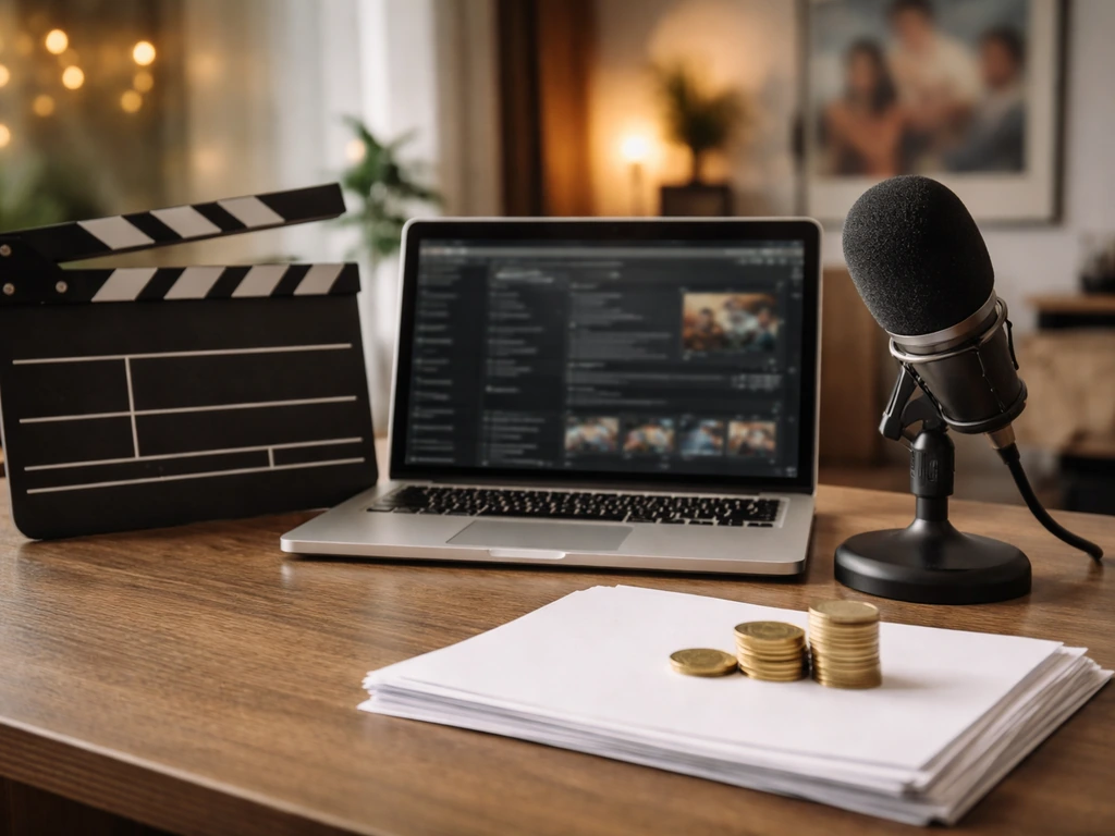Minimal photo of a quiet entertainment office desk with a film slate and a laptop, symbolizing a specific producer’s net