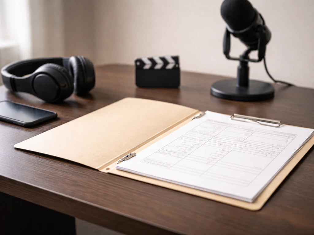 Minimal film-production desk scene with microphone and headphones for identifying an entertainment producer.