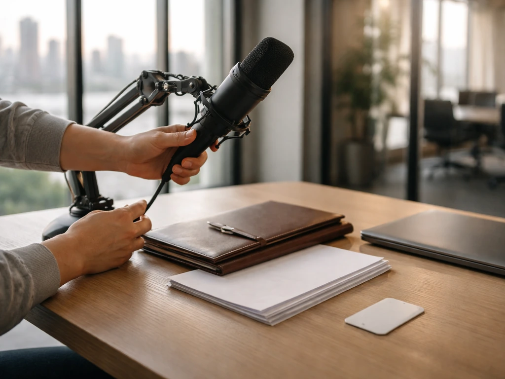 Hands adjust a studio microphone on an office desk with city skyline behind, symbolizing entertainment leadership.
