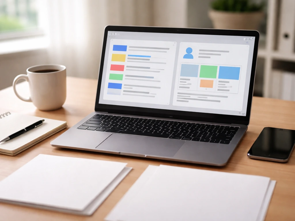 Desk setup with laptop and phone showing blank mockups of media and finance cross-checks, no text.