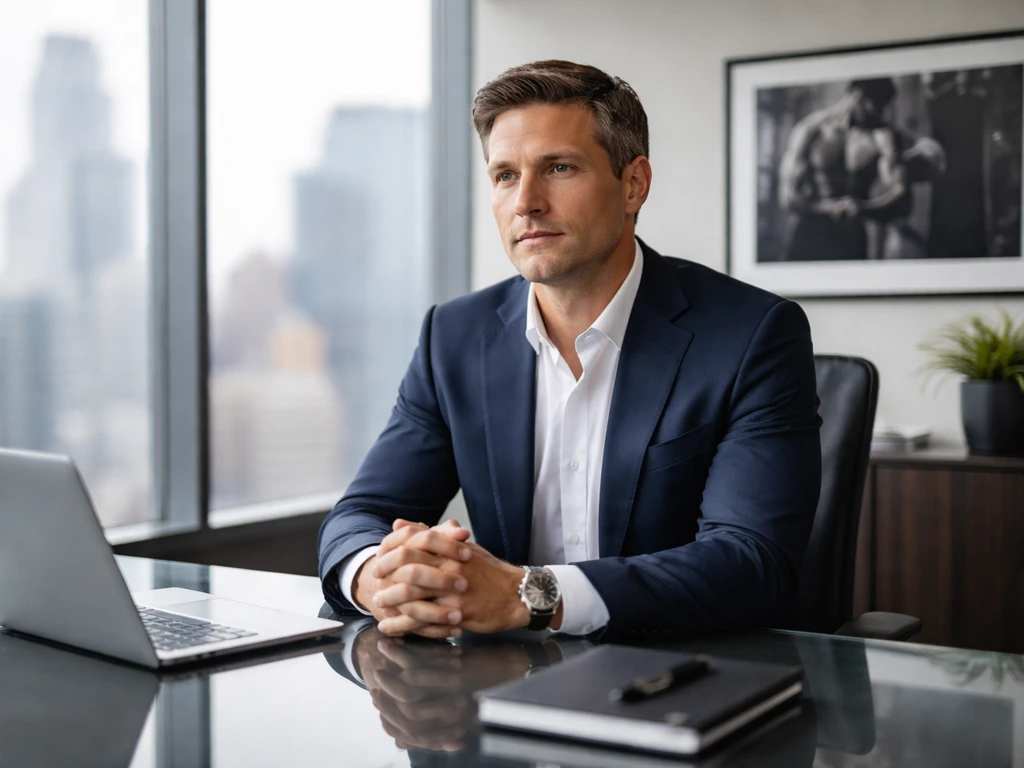 Anonymous suited executive in a modern high-rise office with a blurred city skyline.