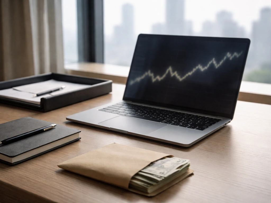 Minimal office scene with a laptop showing blurred stock lines, beside a notebook and cash envelope, symbolizing wealth