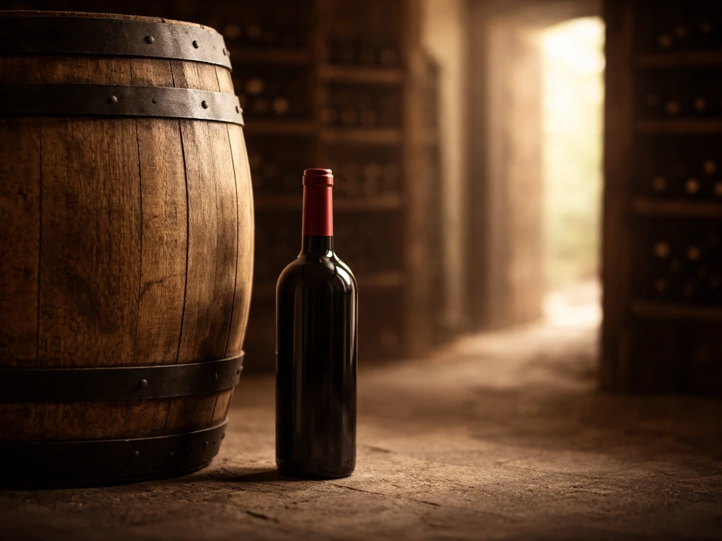 Minimal Napa-style winery cellar scene with a wooden barrel and wine bottle, symbolizing wine wealth analysis.